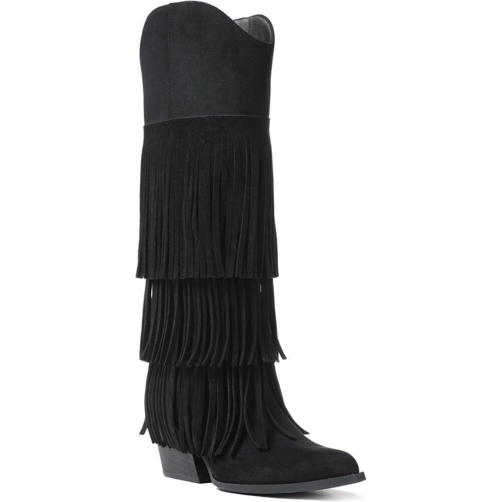 🆕Women Retro Pointed Faux Suede Black Fringe Knee High Western Cowgirl Boot - Picture 2 of 7